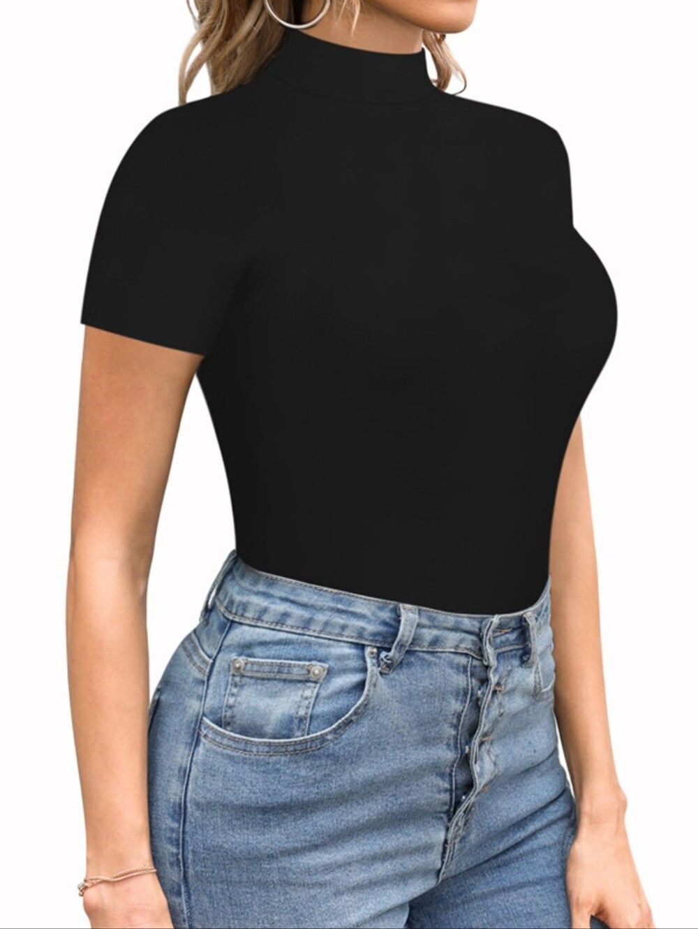 Women's Black Short Sleeve Mock Neck Bodysuit